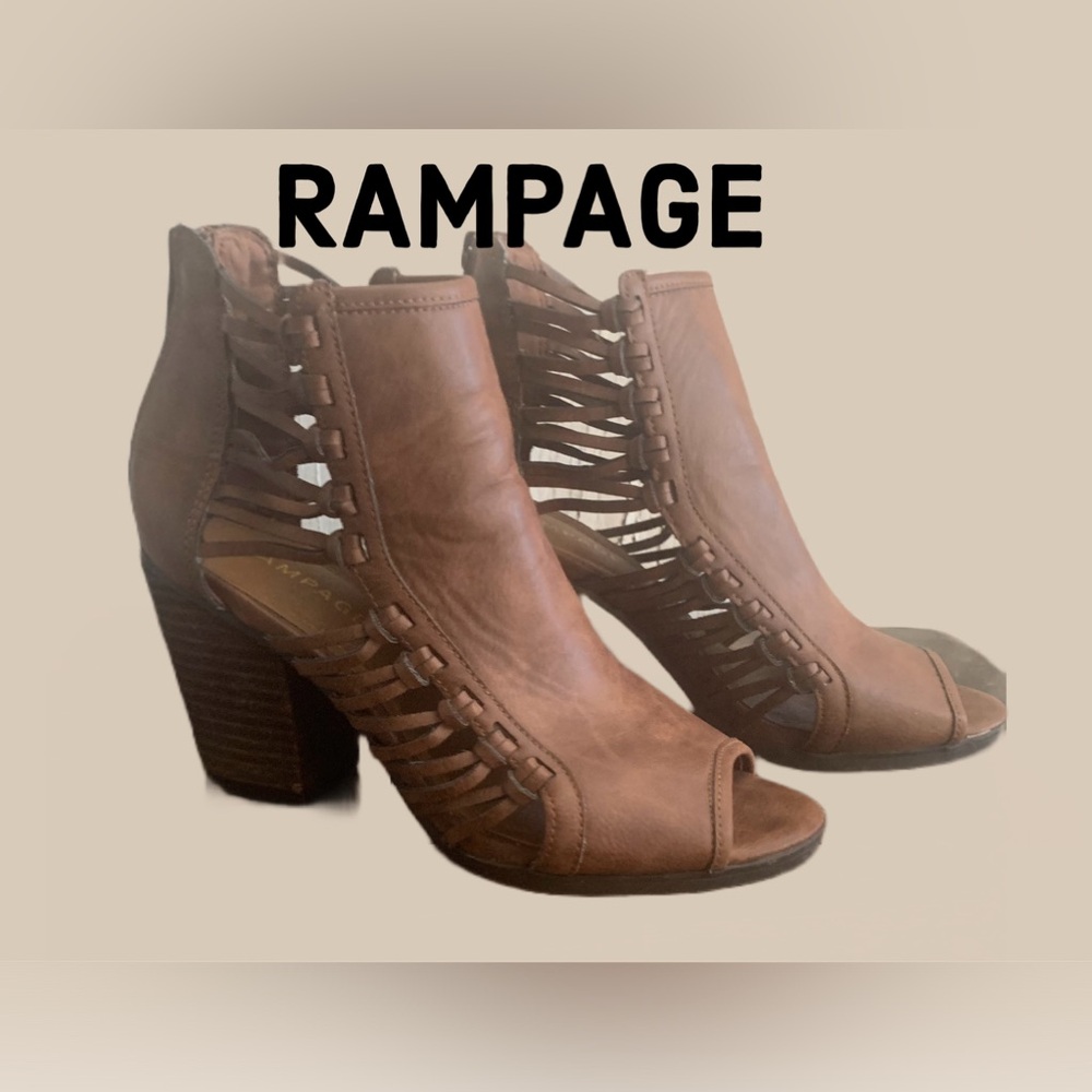 RAMPAGE- Brown Leather Peep Toe Heeled Booties-NWOT OR BOX‎